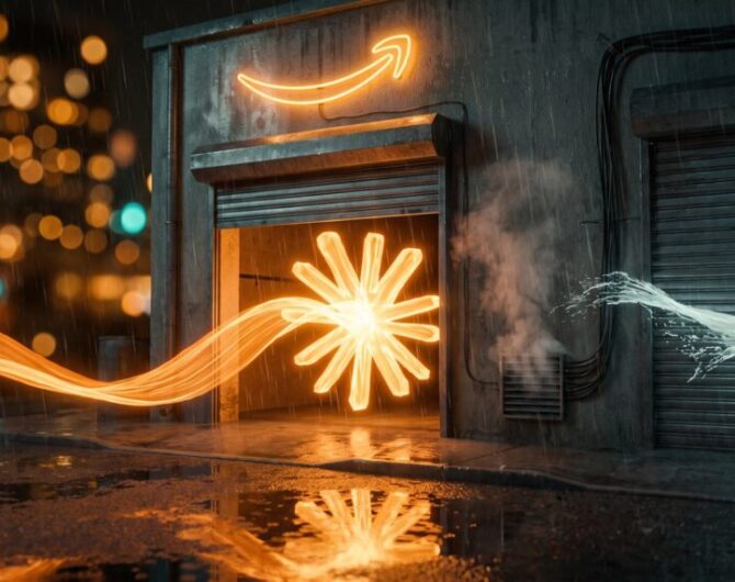 At a rain-soaked warehouse loading dock under a neon Amazon arrow, a ribbon of orange light shaped like the Claude symbol flows through an open door while a cold ribbon of light splashes against the shut door beside it