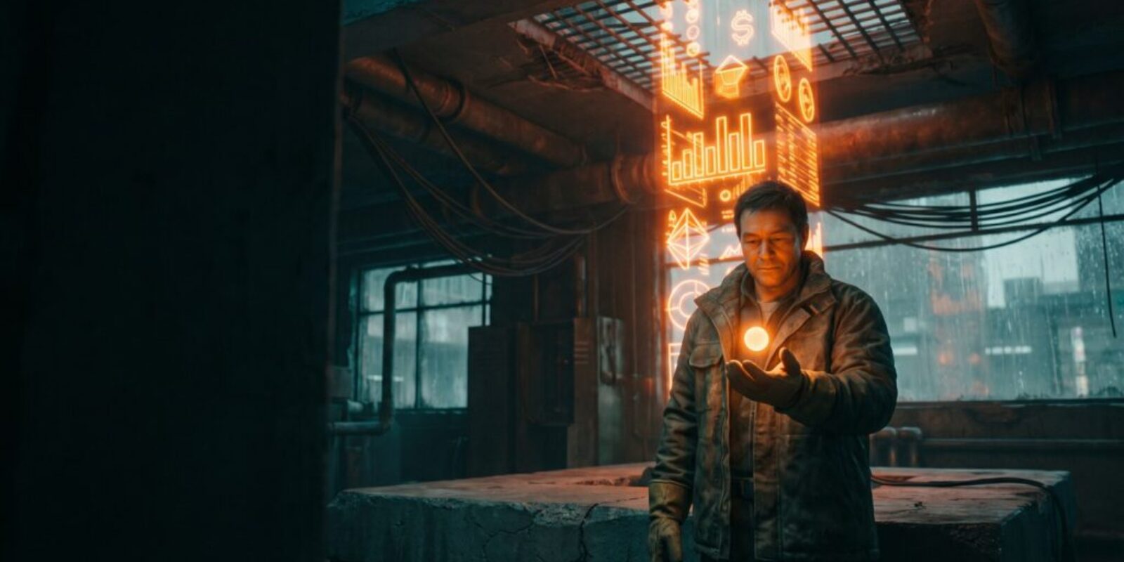 A tradesperson holds a small steady orange light while a towering orange holographic growth column rises behind them in a dark workshop