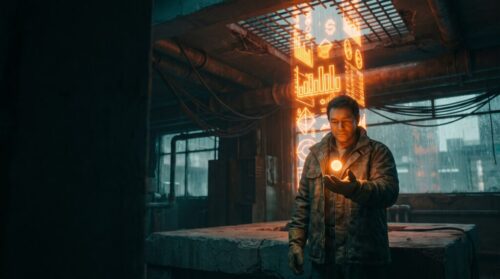 A tradesperson holds a small steady orange light while a towering orange holographic growth column rises behind them in a dark workshop