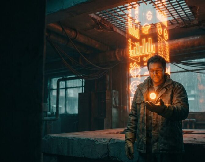 A tradesperson holds a small steady orange light while a towering orange holographic growth column rises behind them in a dark workshop