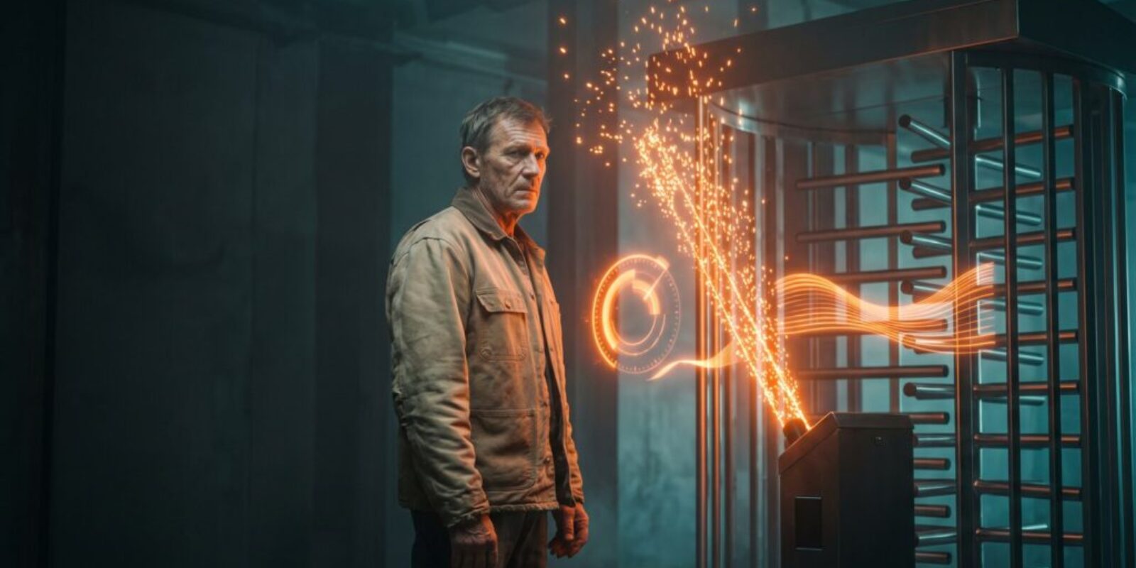 Man interacts with advanced security scanner emitting sparks and light.
