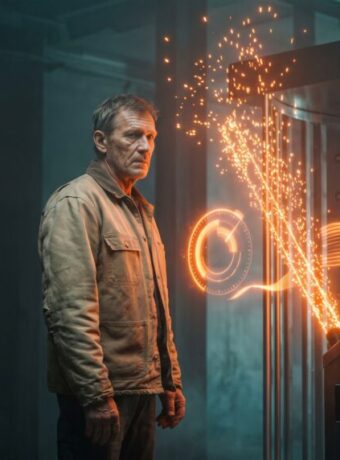 Man interacts with advanced security scanner emitting sparks and light.