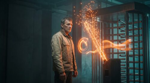 Man interacts with advanced security scanner emitting sparks and light.
