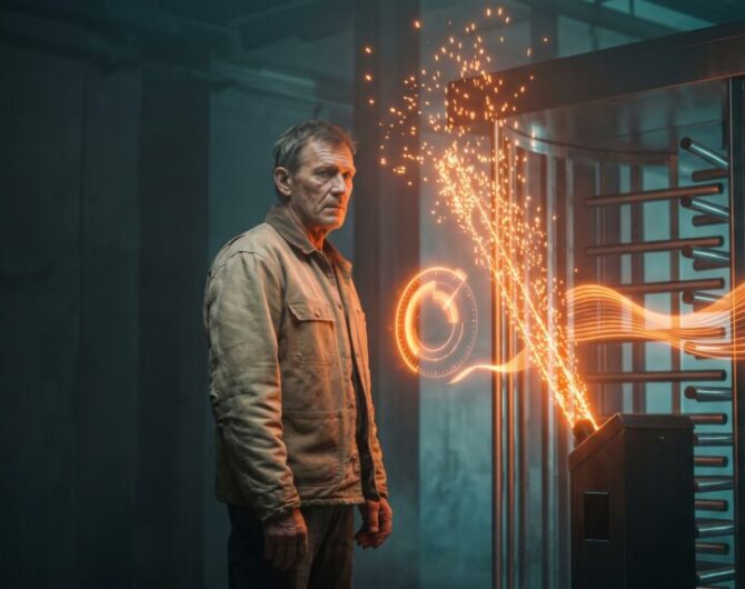 Man interacts with advanced security scanner emitting sparks and light.