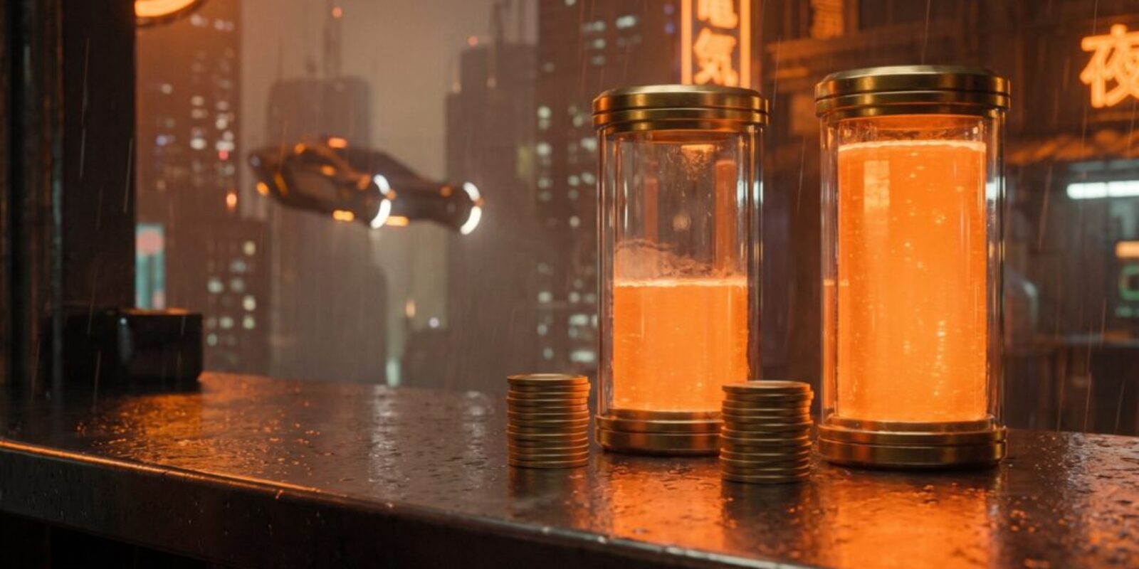 Glass jars with glowing orange liquid and stacked coins on a city night background.