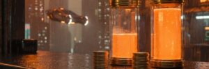 Glass jars with glowing orange liquid and stacked coins on a city night background.