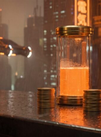 Glass jars with glowing orange liquid and stacked coins on a city night background.