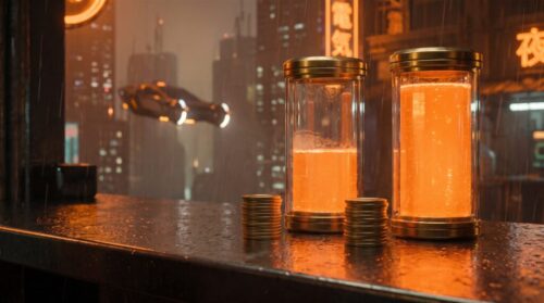 Glass jars with glowing orange liquid and stacked coins on a city night background.