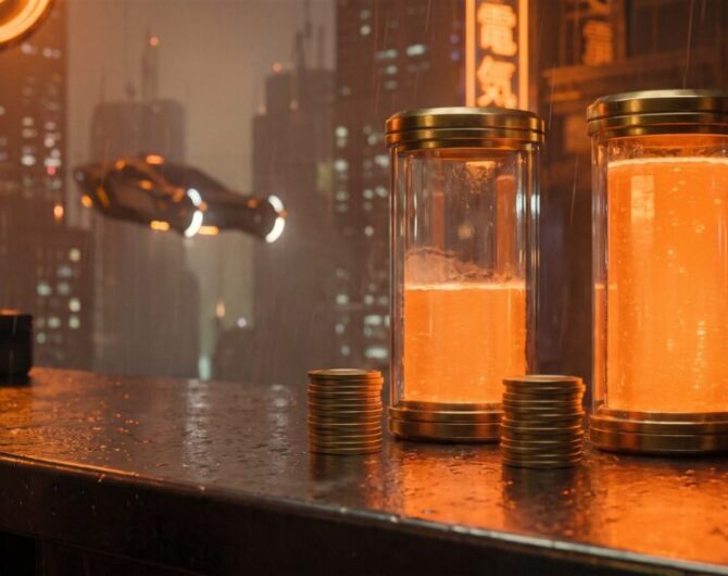 Glass jars with glowing orange liquid and stacked coins on a city night background.