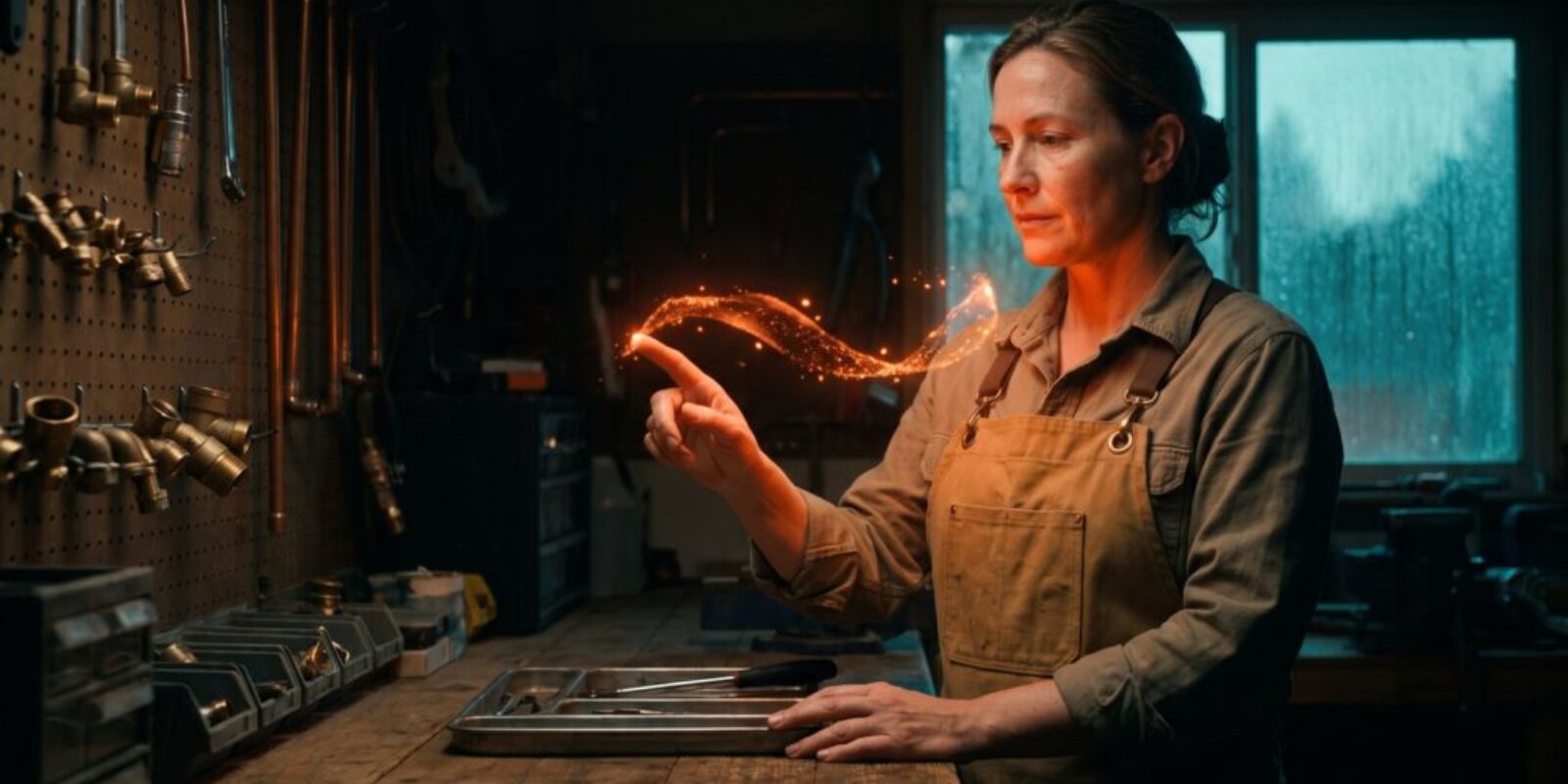 Woman engaging with augmented reality hologram in workshop setting.
