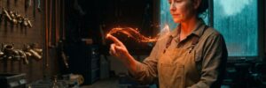 Woman engaging with augmented reality hologram in workshop setting.