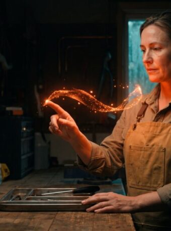 Woman engaging with augmented reality hologram in workshop setting.