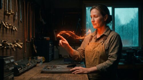 Woman engaging with augmented reality hologram in workshop setting.