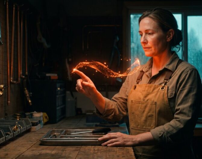Woman engaging with augmented reality hologram in workshop setting.