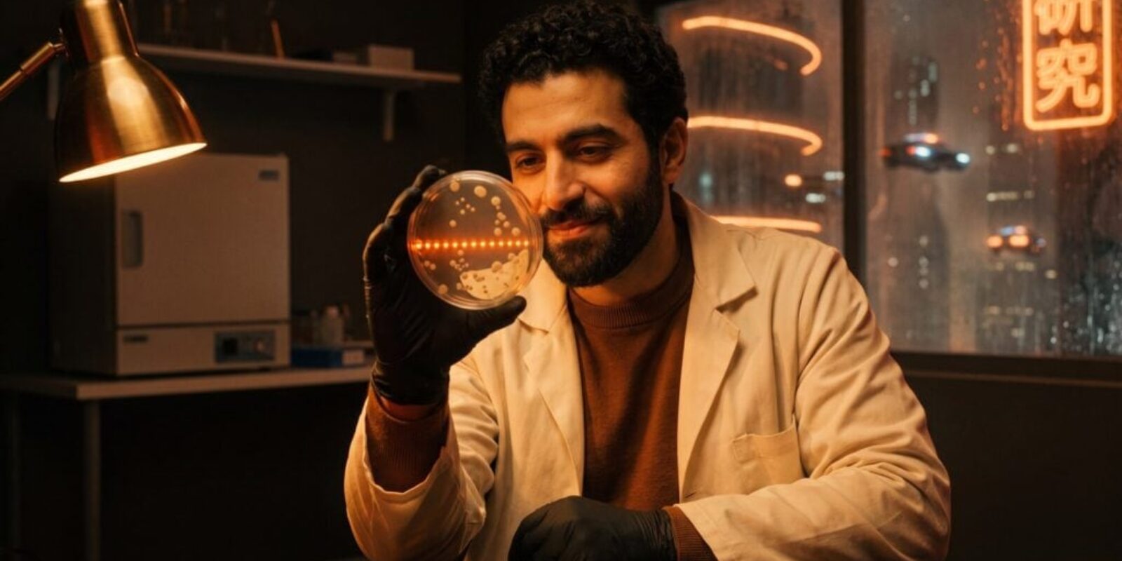 Scientist in a lab coat studying a petri dish where one perfectly regular row of dots glows orange among random colonies