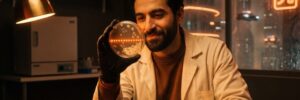 Scientist in a lab coat studying a petri dish where one perfectly regular row of dots glows orange among random colonies