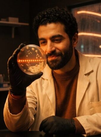Scientist in a lab coat studying a petri dish where one perfectly regular row of dots glows orange among random colonies