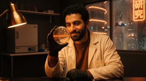 Scientist in a lab coat studying a petri dish where one perfectly regular row of dots glows orange among random colonies
