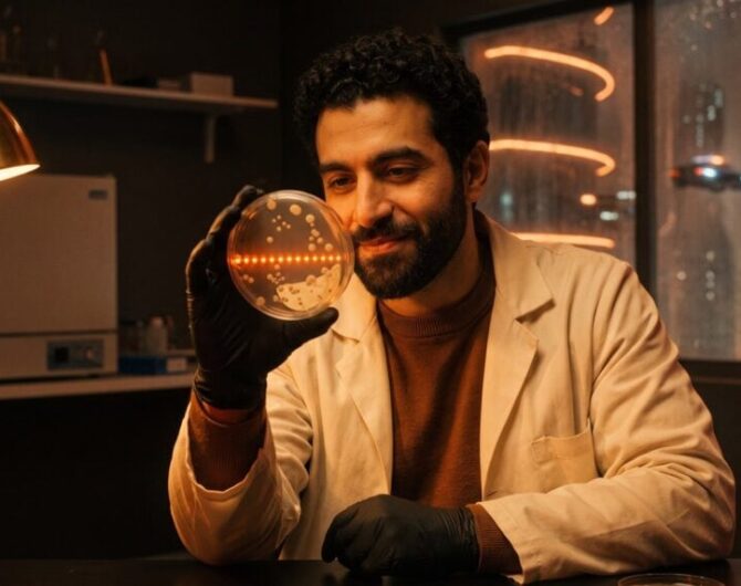 Scientist in a lab coat studying a petri dish where one perfectly regular row of dots glows orange among random colonies