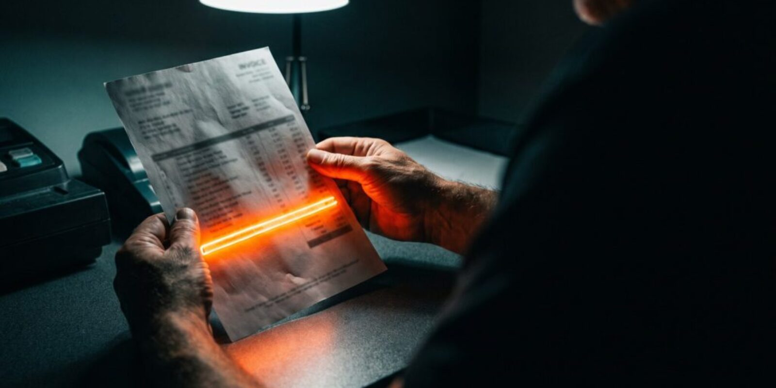 Hands holding a printed invoice in a dark room where one single line item glows neon orange while the rest stays unchanged