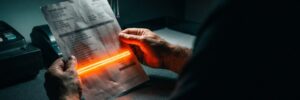Hands holding a printed invoice in a dark room where one single line item glows neon orange while the rest stays unchanged