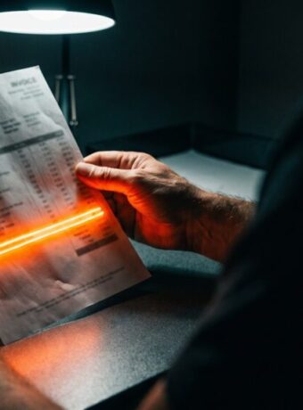 Hands holding a printed invoice in a dark room where one single line item glows neon orange while the rest stays unchanged