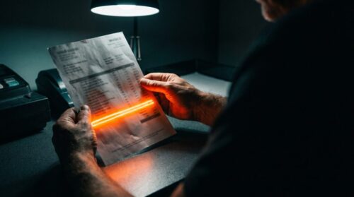 Hands holding a printed invoice in a dark room where one single line item glows neon orange while the rest stays unchanged