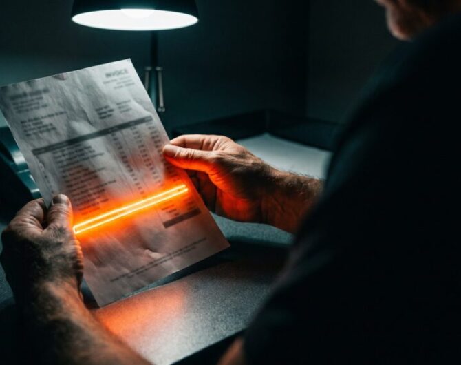 Hands holding a printed invoice in a dark room where one single line item glows neon orange while the rest stays unchanged
