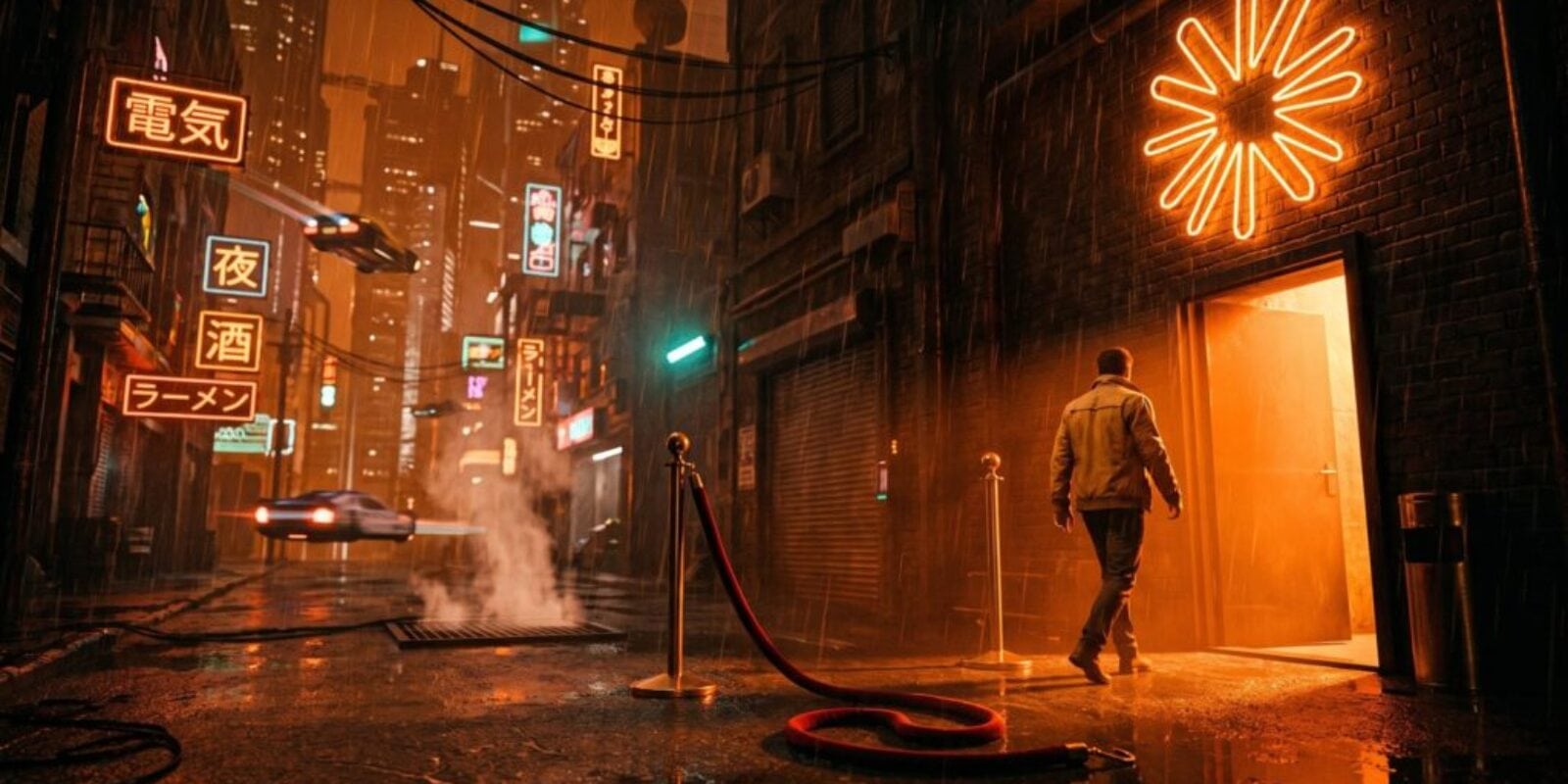 Man walking on wet city street with neon signs and steam in the AI era.