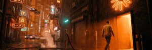 Man walking on wet city street with neon signs and steam in the AI era.