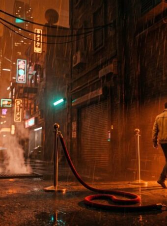 Man walking on wet city street with neon signs and steam in the AI era.