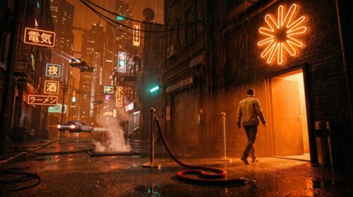 Man walking on wet city street with neon signs and steam in the AI era.