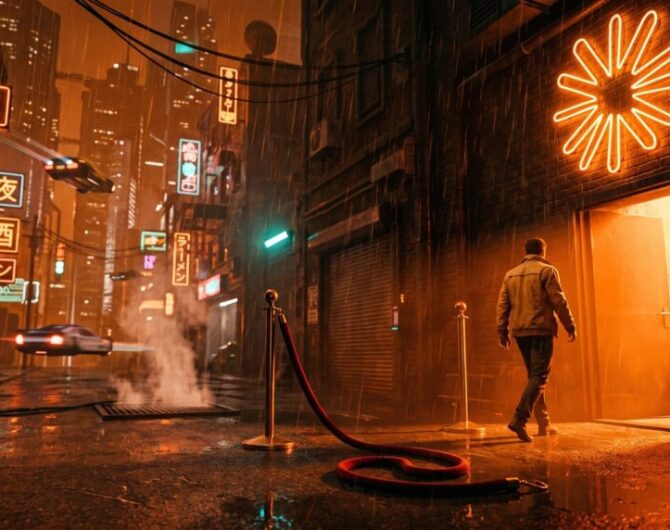 Man walking on wet city street with neon signs and steam in the AI era.