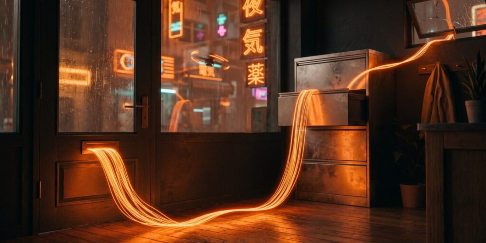 A ribbon of orange light pours through a shop door's mail slot, crosses the floor into an open steel cabinet drawer, and slips out a cracked window into a neon city at night
