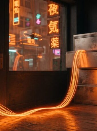 A ribbon of orange light pours through a shop door's mail slot, crosses the floor into an open steel cabinet drawer, and slips out a cracked window into a neon city at night