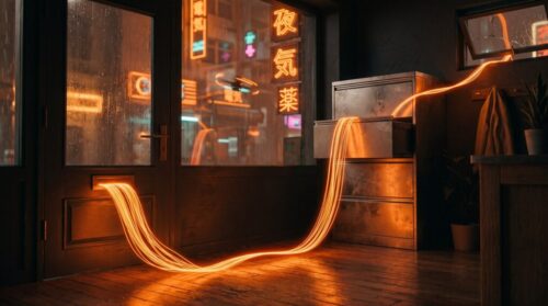 A ribbon of orange light pours through a shop door's mail slot, crosses the floor into an open steel cabinet drawer, and slips out a cracked window into a neon city at night