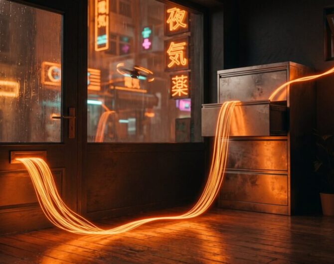 A ribbon of orange light pours through a shop door's mail slot, crosses the floor into an open steel cabinet drawer, and slips out a cracked window into a neon city at night