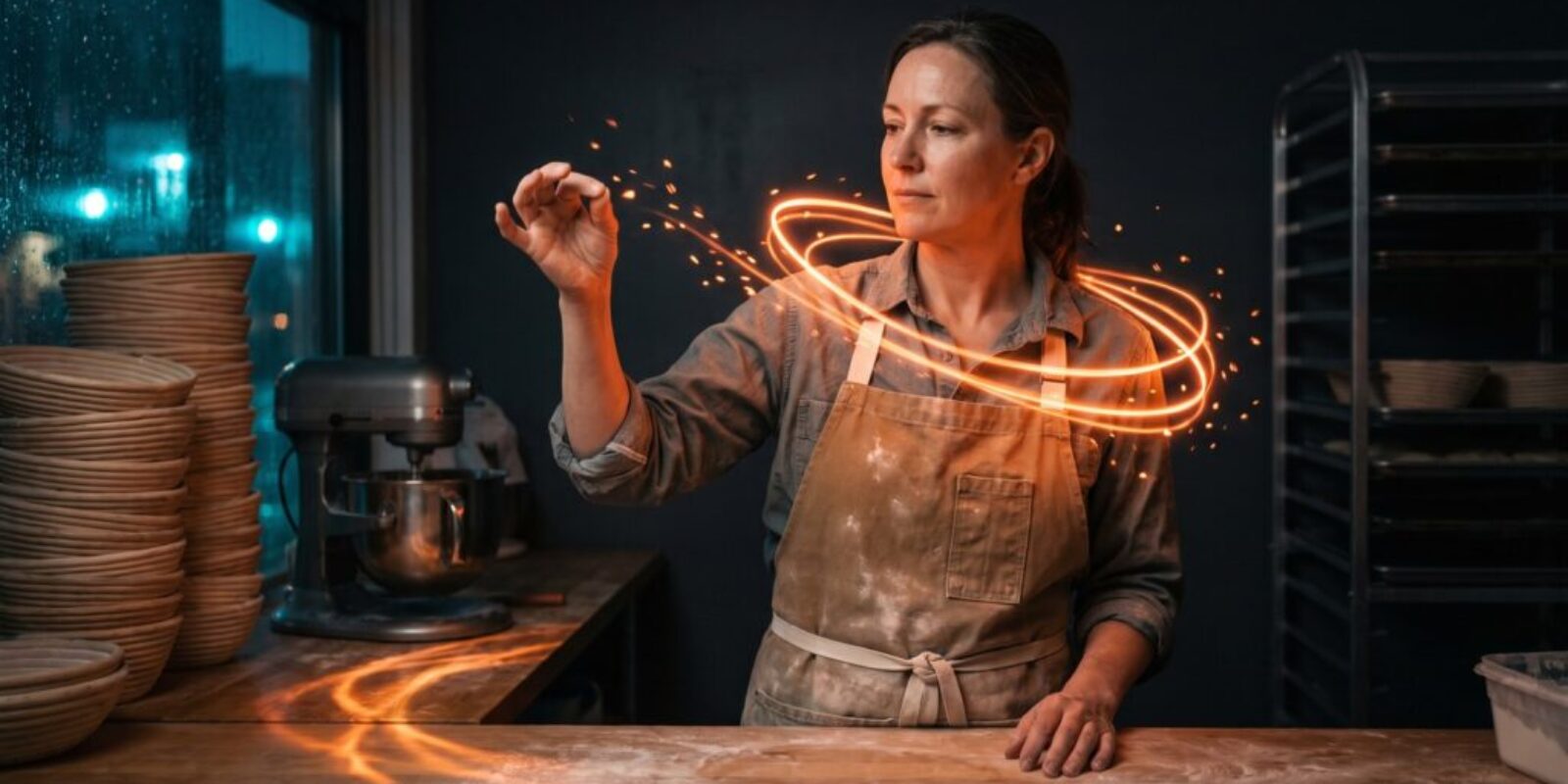 Woman baking in a kitchen with digital spark effects around her hand.