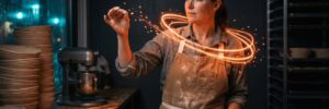 Woman baking in a kitchen with digital spark effects around her hand.