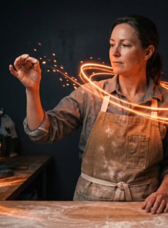 Woman baking in a kitchen with digital spark effects around her hand.