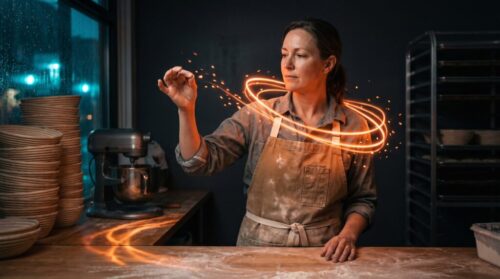 Woman baking in a kitchen with digital spark effects around her hand.