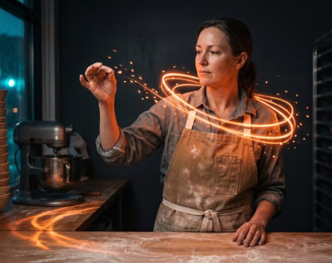 Woman baking in a kitchen with digital spark effects around her hand.