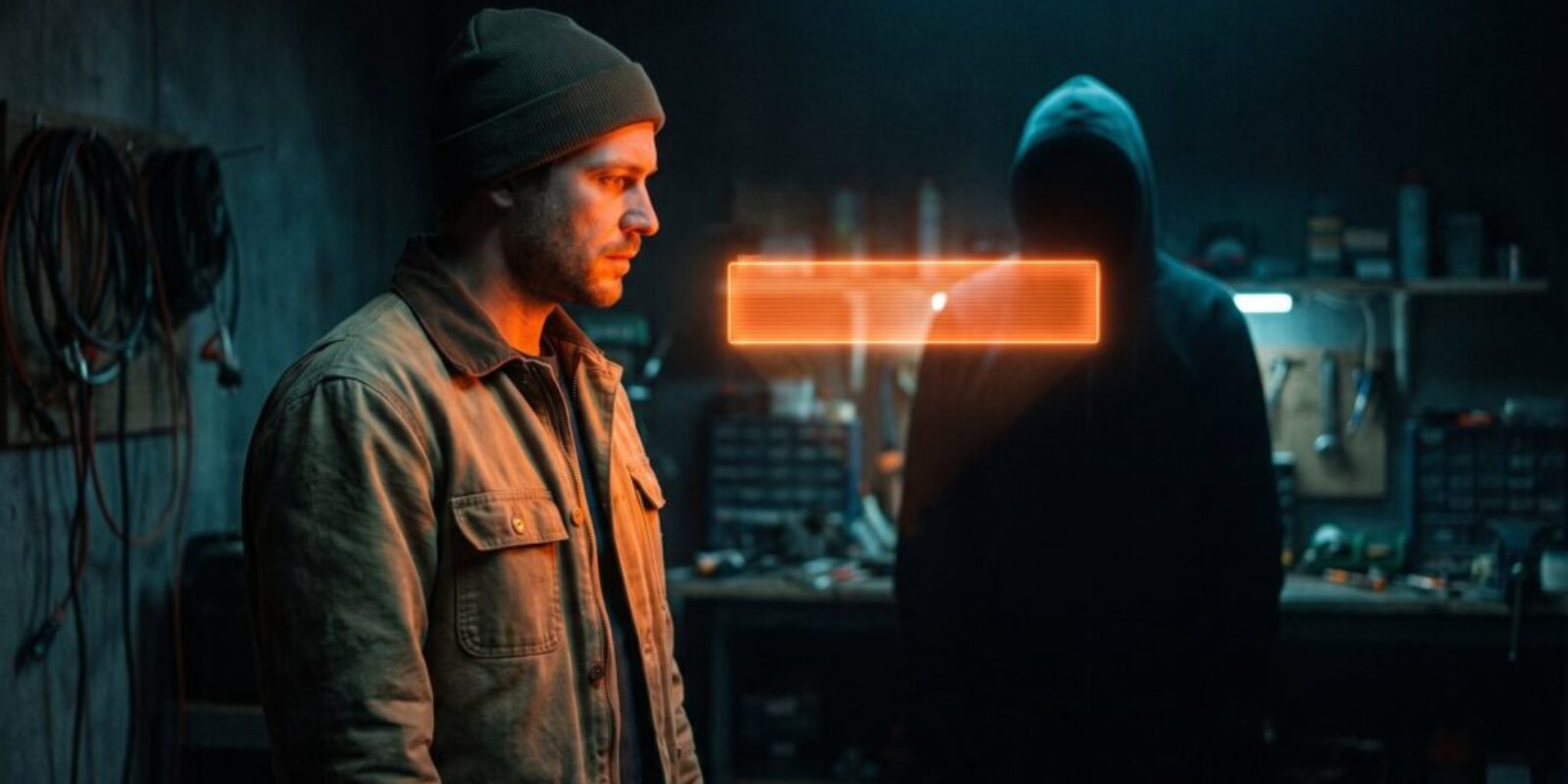 Man in a beanie facing a hacker in a dark workshop with glowing digital effects.