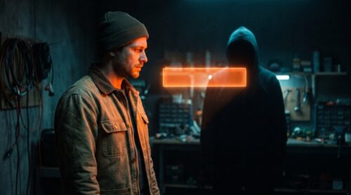 Man in a beanie facing a hacker in a dark workshop with glowing digital effects.