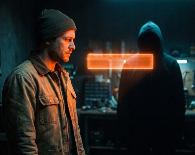 Man in a beanie facing a hacker in a dark workshop with glowing digital effects.