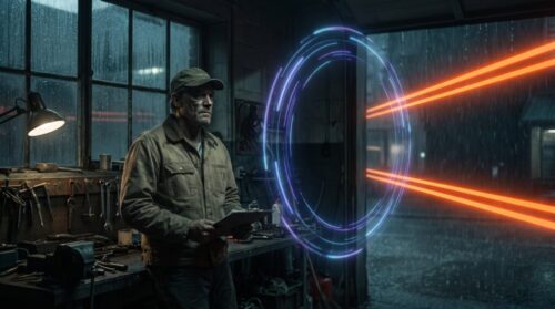 Man using a tablet with a digital portal and laser beams in a high-tech workshop.
