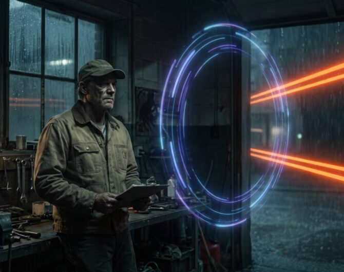 Man using a tablet with a digital portal and laser beams in a high-tech workshop.