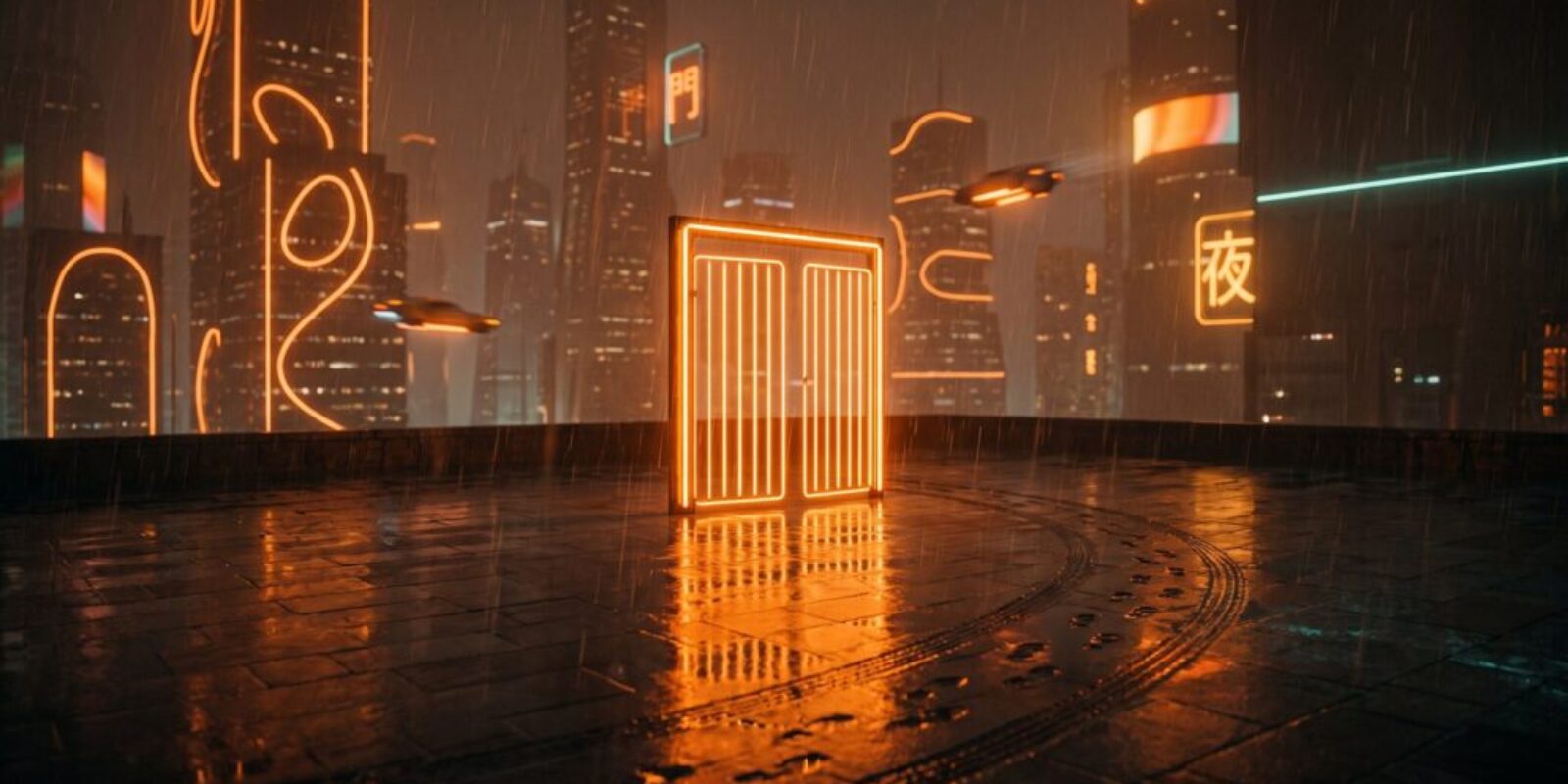 A freestanding gate of orange neon light on a rainy rooftop with no fence, wet footprints and tire tracks curving around it