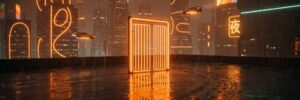 A freestanding gate of orange neon light on a rainy rooftop with no fence, wet footprints and tire tracks curving around it