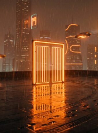 A freestanding gate of orange neon light on a rainy rooftop with no fence, wet footprints and tire tracks curving around it